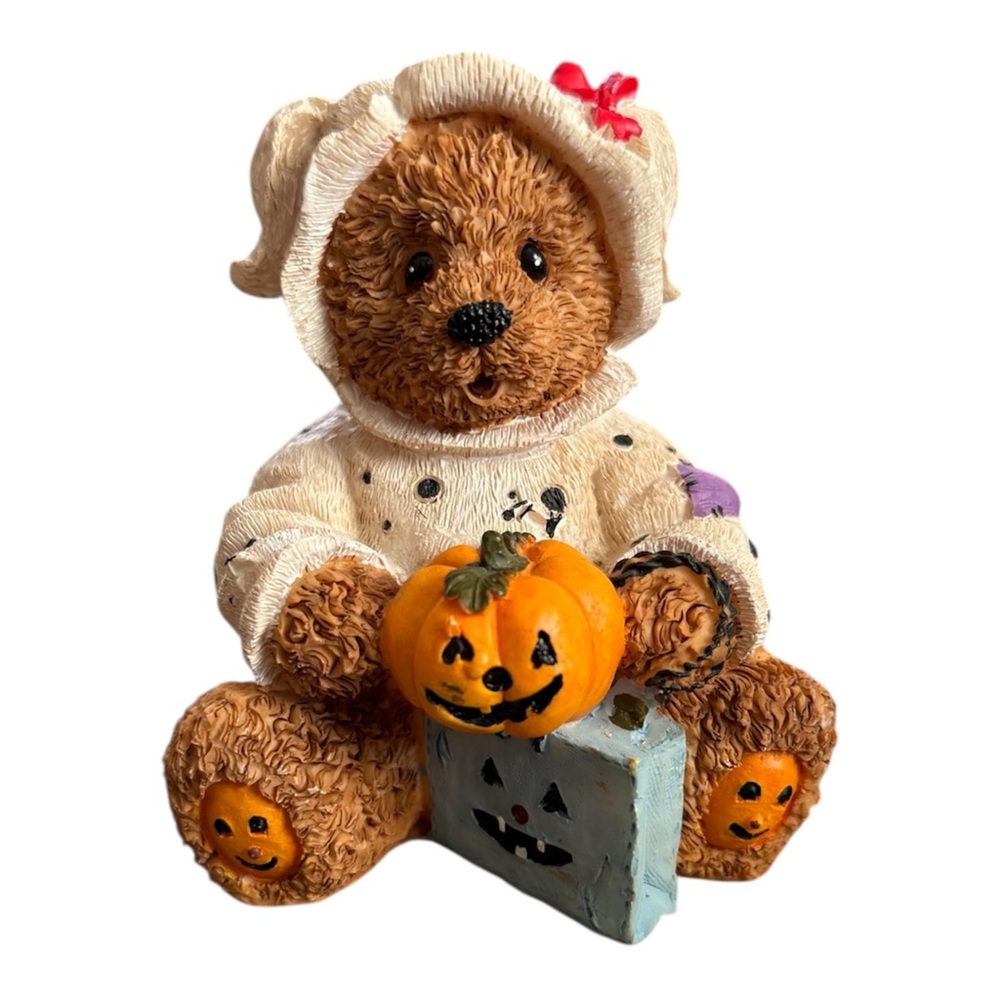 Vtg Halloween Teddy Bear Resin Figurine with Pumpkin
